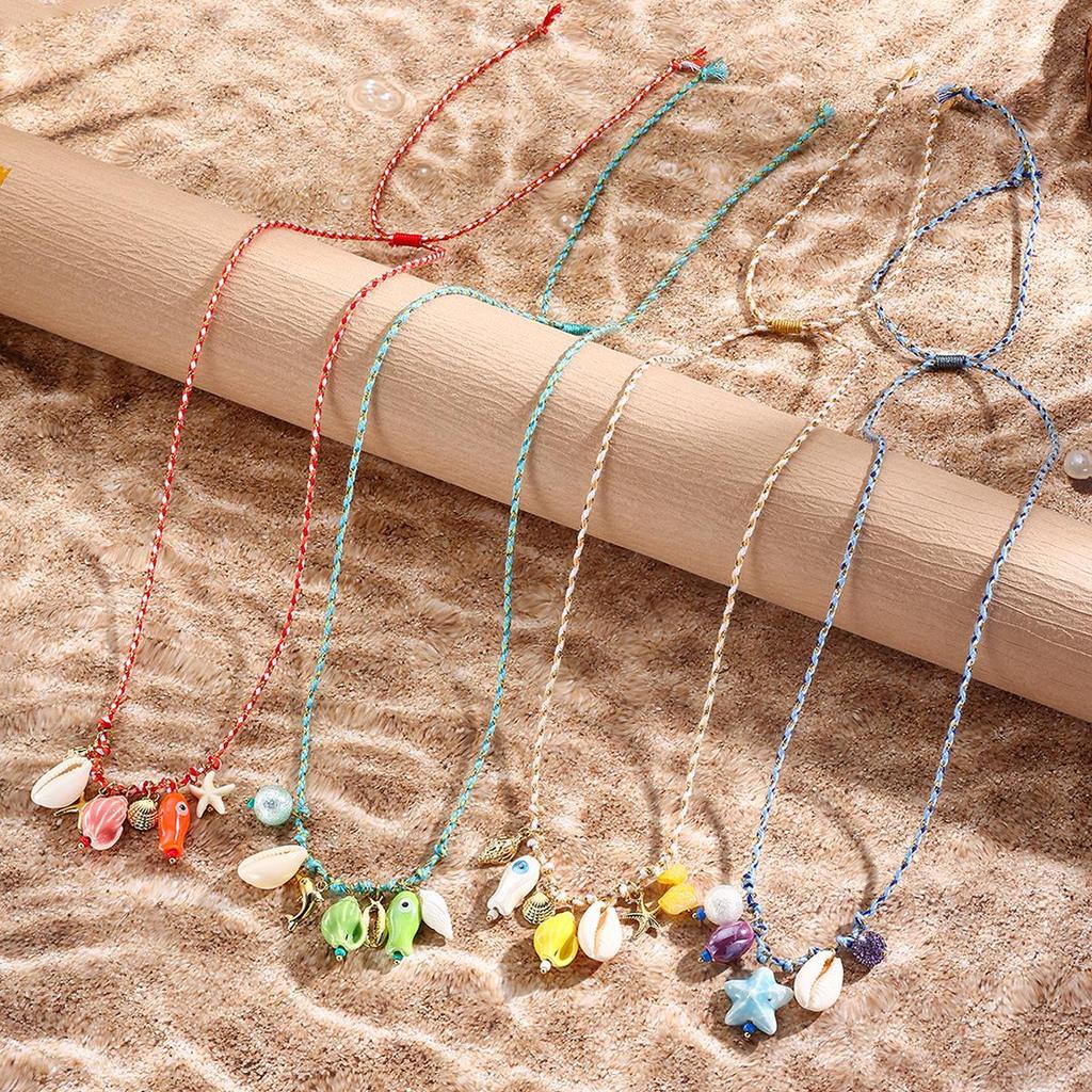 Summer Ocean-Style Starfish Necklace with Colorful Rope and Ceramic Pendant