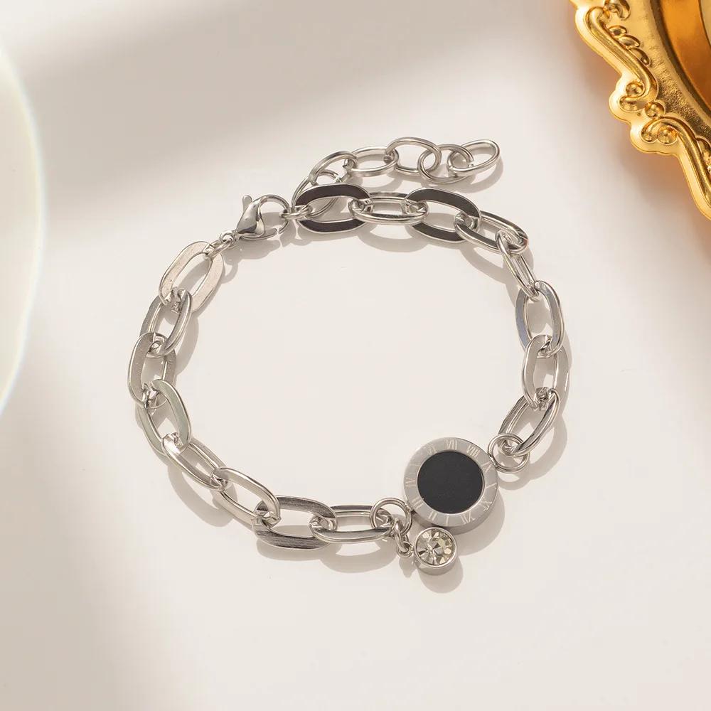 Luxury Gold Stainless Steel Crystal Pendant Bracelet for Women New Trendy Circle Roman Numerals Bangle Party Jewelry