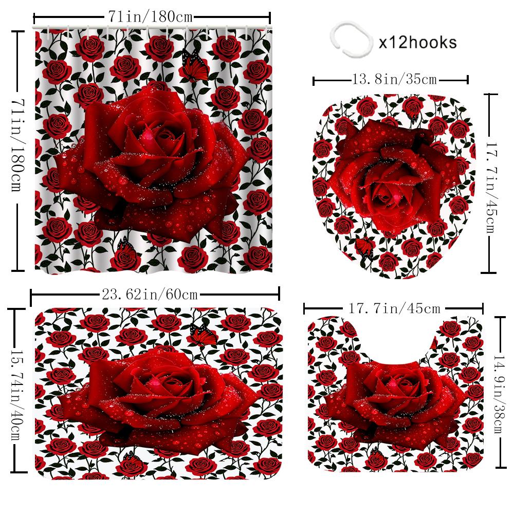 1/4 Rose Print Shower Curtains, Toilet Seat Decoration, Shower Curtain With Carpet And Toilet Lid, 70.8X70.8 Inch