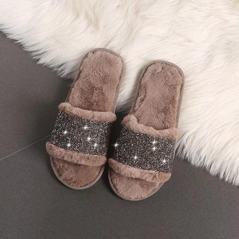 Fashion Fashion Bling Cotton Slippers for Women Open Toe Slip On Fur Slippers Woman Autumn Winter Faux Fur Indoor Flats Fur Slides Mujer