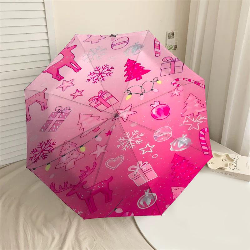 

1pc Christmas, pink Automatic Open/Close Umbrella Compact Folding Umbrella with 8-Rib Shaft for Women/Men, Elegant Birthday1217S