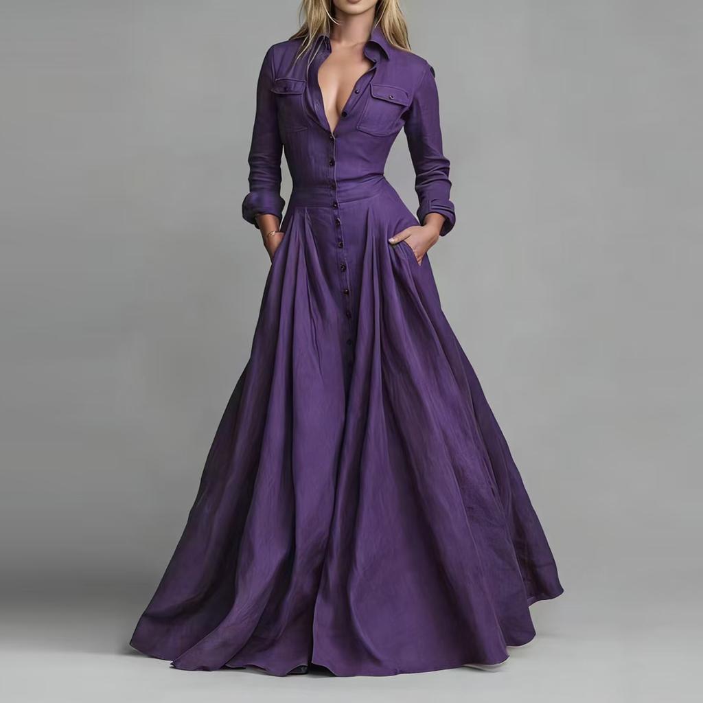 Women Long Sleeve Shirt Dress High Waist Flared Maxi Dress Button Down Front Collared Casual Dress with Pockets