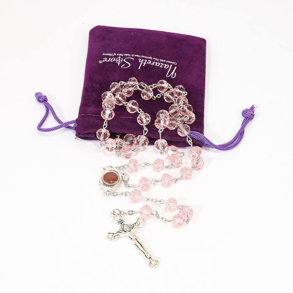 Light pink crystal bead rosary Catholic necklace with sacred earth medal and cross.