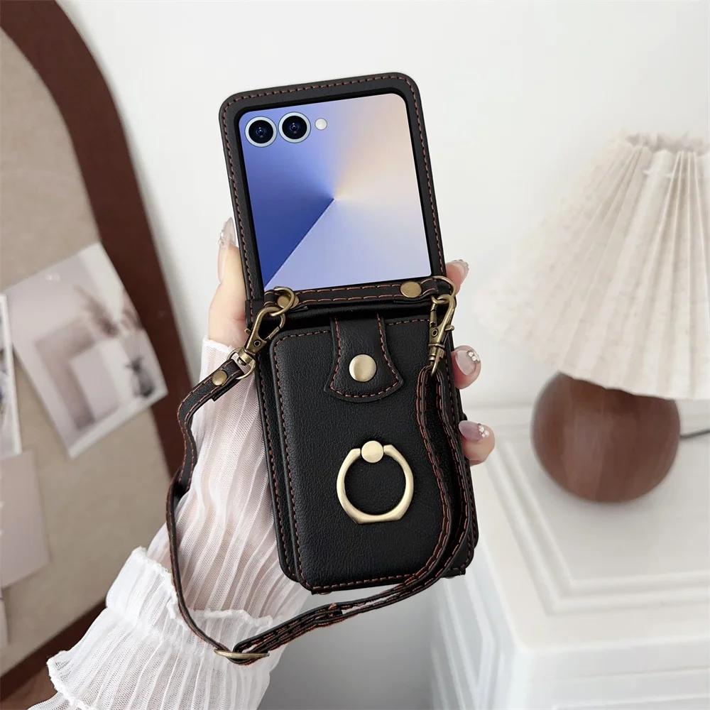 Portafoglio in Pelle Custodia per Telefono per Samsung Galaxy Z Flip 7 6 5 4 3 Flip7 FE con Anello per Dita Porta Carte e Tracolla