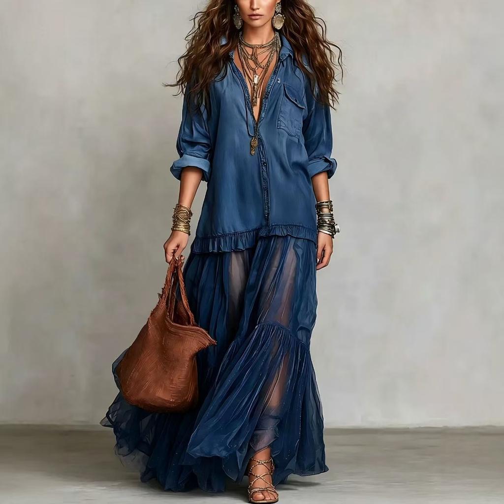 European and American Style Popular Women's Retro Lapel Imitation Denim Dress Casual