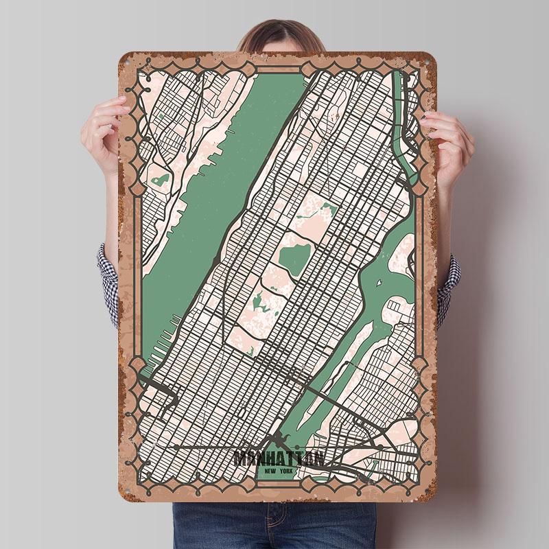 

Manhattan Map Print Tin Plaque Poster Customized Wall Art Retro Vintage Metal Signs for Man Cave Decoration At Home Wand Deko 20x30cm（7.8x11.8inch）