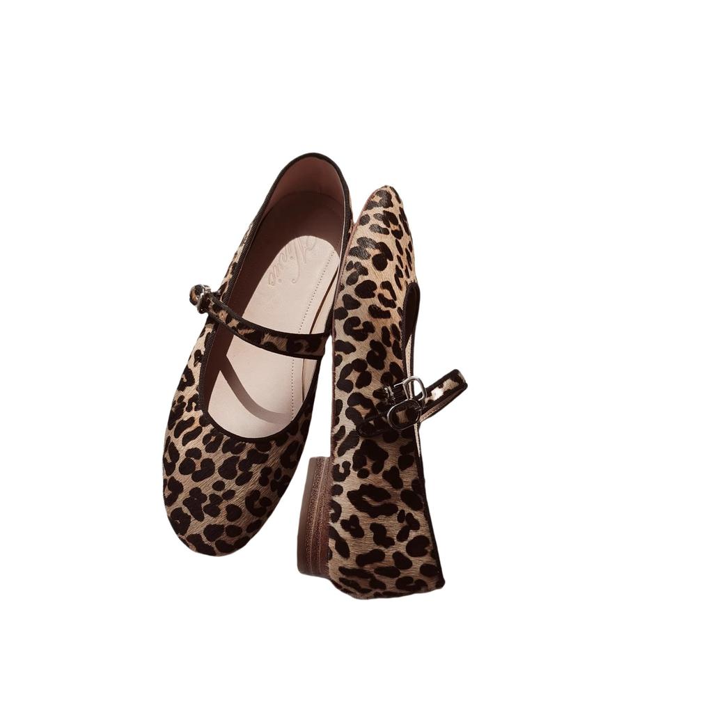 French retro fashion leopard print suede flat-soled single shoes 2025 new niche design round head low heel Mary Jane female