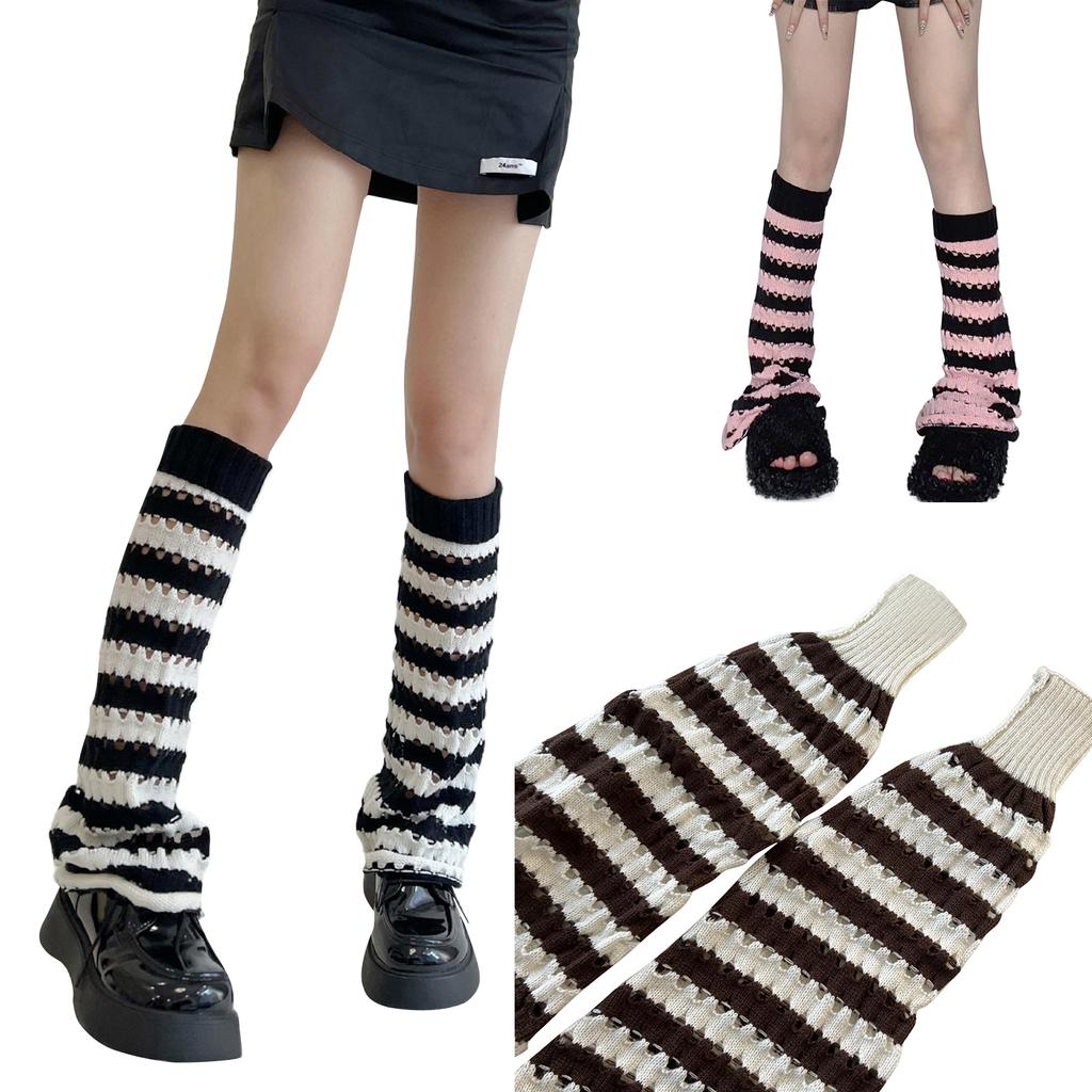 Sweet Striped Leg Warmers Stylish Hollow Knitted Leg Warmers Early Autumn 80s Party Dance Legwarmers for Women Girl Lady