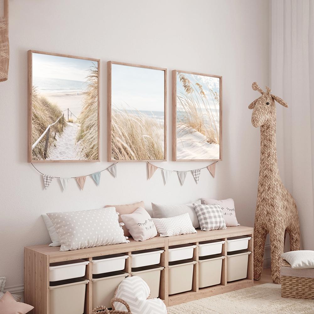 Beach Reeds Sand Dunes Ocean Painting Calligraphy Canvas Prints Set of 3 Wall Art for Living Room Decor Vintage Fashion Decals