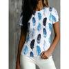 Women's Summer T-shirt, White Base Blue Black Print Round Neck Short Sleeve Slim Fit Casual Top,