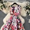 Sommermote Blomstervest Midikjole Ermeløs O-hals Tank Blomstertrykk Slim A Line Ballkjole Damekjoler