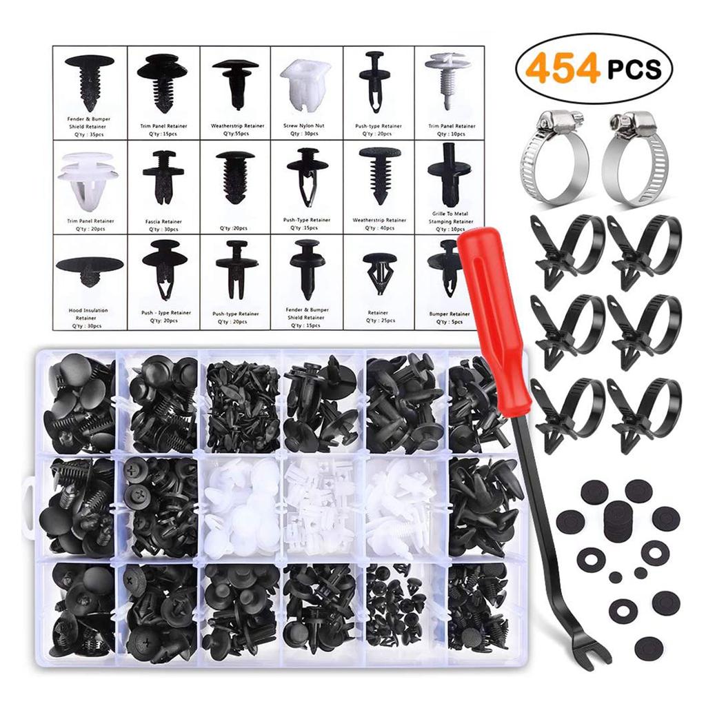 454 Pcs Car Retainer Clips & Plastic Fasteners Kit- Auto Rivets Set with Hose Clamps Door Panel