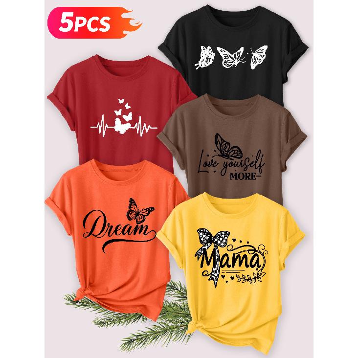 Five-piece set Elegant short-sleeved shirt for women Butterfly series printed round-neck women's short-sleeve shirt suitable for spring and summer