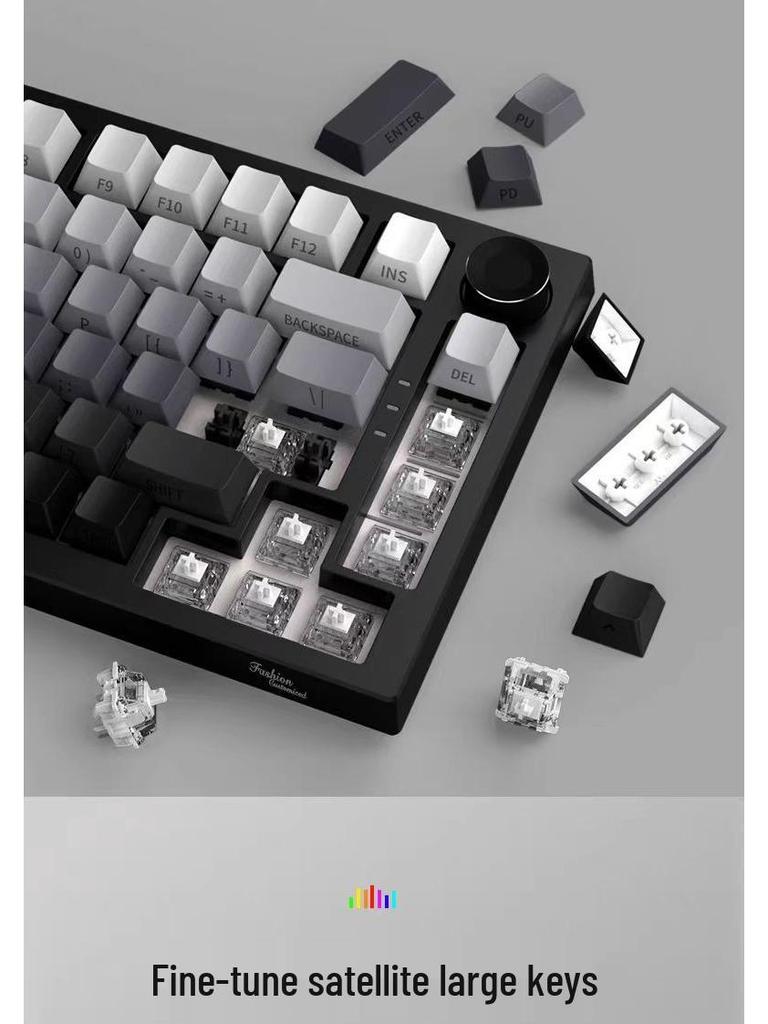 Custom Three-Mode Mechanical Keyboard: Wireless Bluetooth, Gaming & E-Sports with Side-Engraved Keycaps, Tri-Color Design & Control Knob.