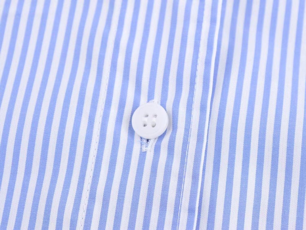 2025 Spring/Autumn Floral Print Blue Striped Loose Fit Long Sleeve Shirt with Turn-Down Collar