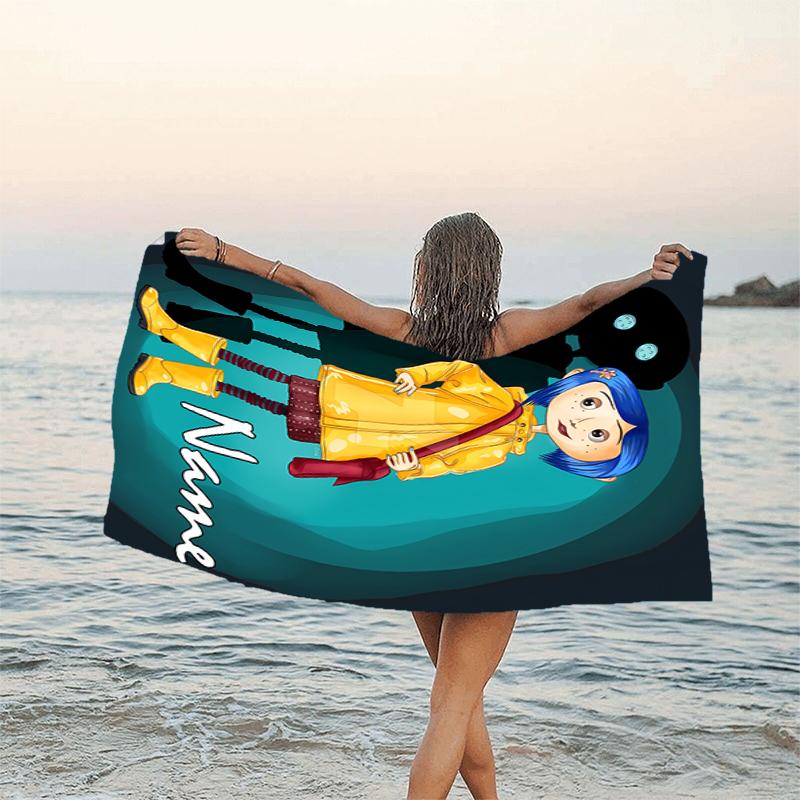 1pc Coraline1 Beach Towel with Custom Name, Beach/Swimming/Bath/Picnic/Camping Towel, Suitable for Seaside Beaches