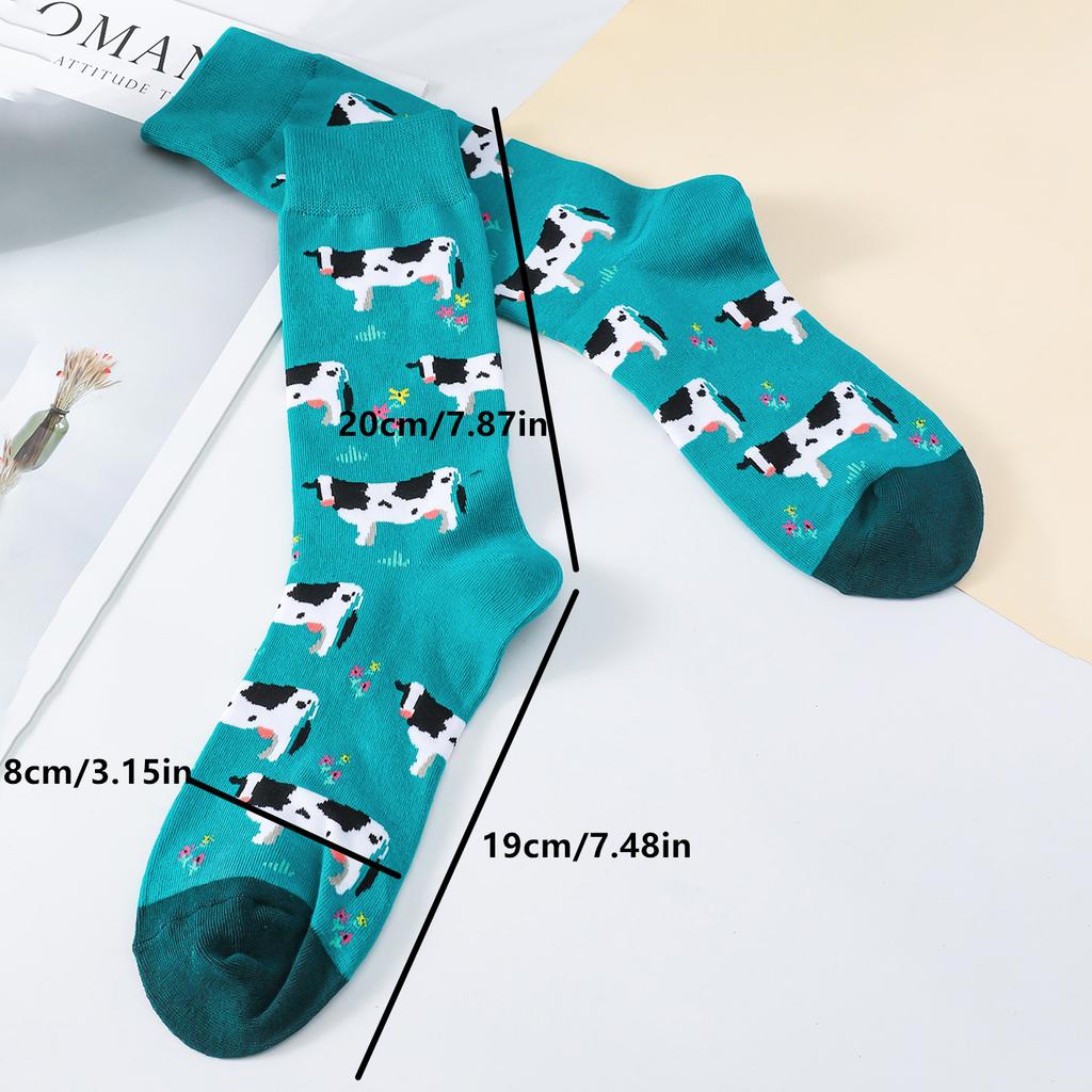 1 Pair Women Cartoon Cute Hedgehog Chick Cow Print Socks, Comfy & Breathable Casual Crew Socks, Women's Stockings & Hosiery