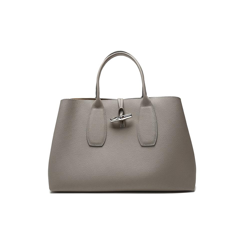 

Longchamp Le Roseau 40 Bamboo Buckle Pebble Grain Leather Big Bag Women handbags Dove-Gray 10059HPNP55 Basic Set (Bag+Dust Bag)