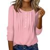 Women's Round Neck Pull Stripe Decorative Button Top Casual Solid Color 3/4 Sleeve T Shirt