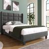 Modern design upholstered bed with padded headboard, single bed with slatted frame, 90x200cm, in grey linen, medium-firm (without mattress)