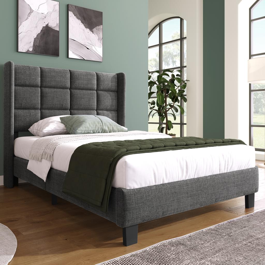 Modern design upholstered bed with padded headboard, single bed with slatted frame, 90x200cm, in grey linen, medium-firm (without mattress)