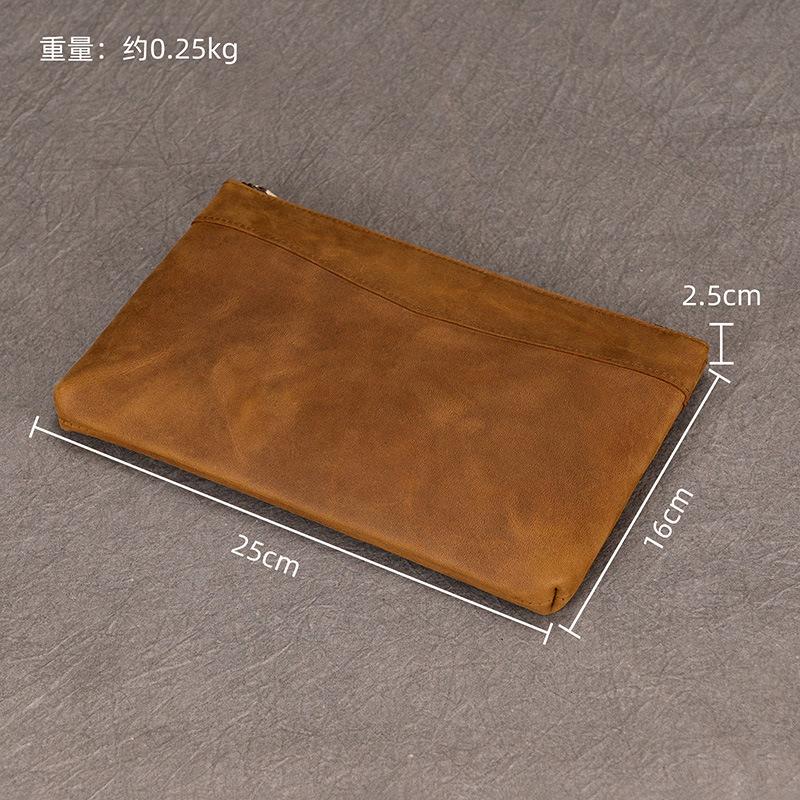 Men's Crazy Horse Leather Handbag, Genuine Leather Large Capacity Long Wallet, Retro Business Leather Handbag with Wrist Strap