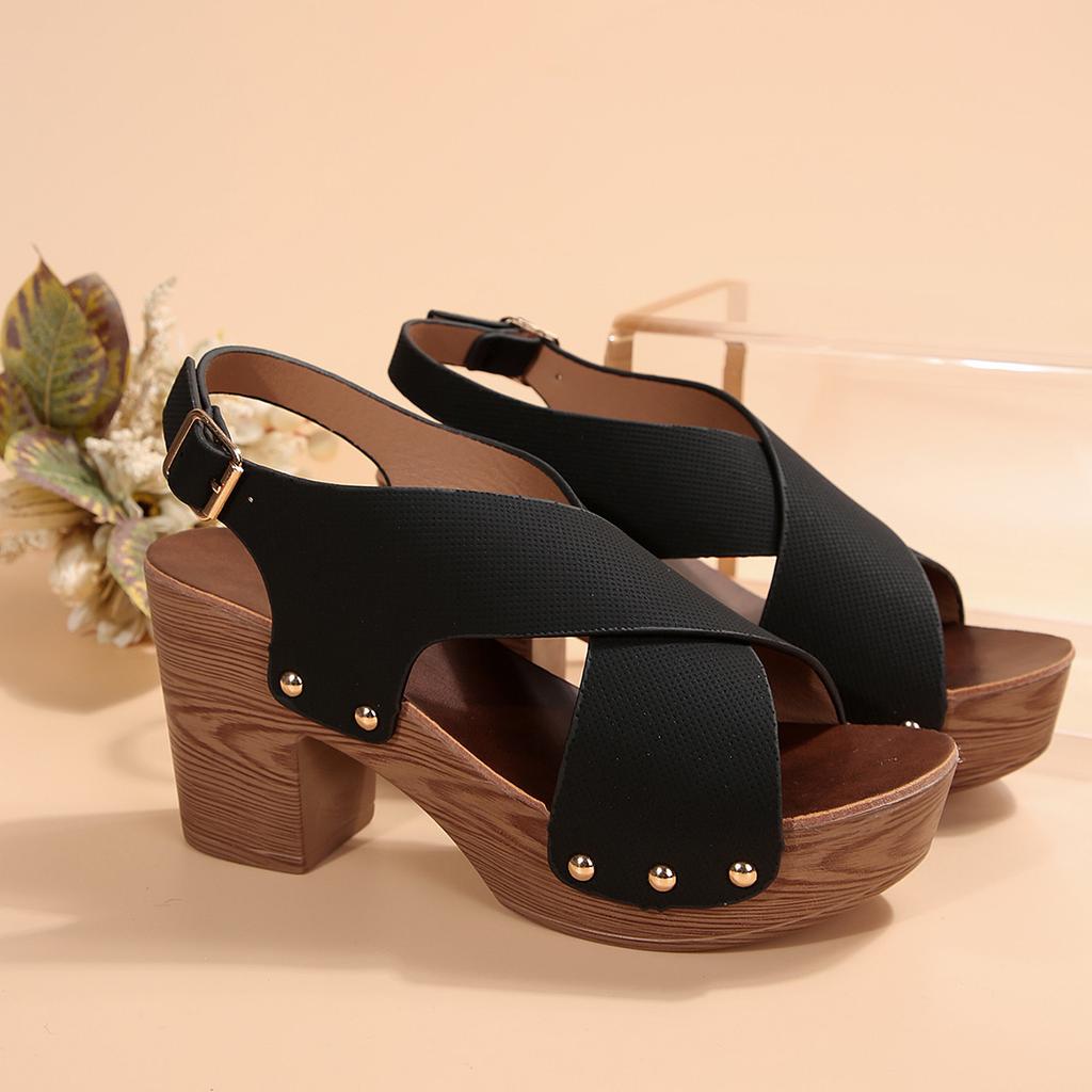 2025 Summer New Foreign Trade Large Size High-heeled Sandals with Fish Mouth Sandals Belt Buckle High-heeled Casual Sandals