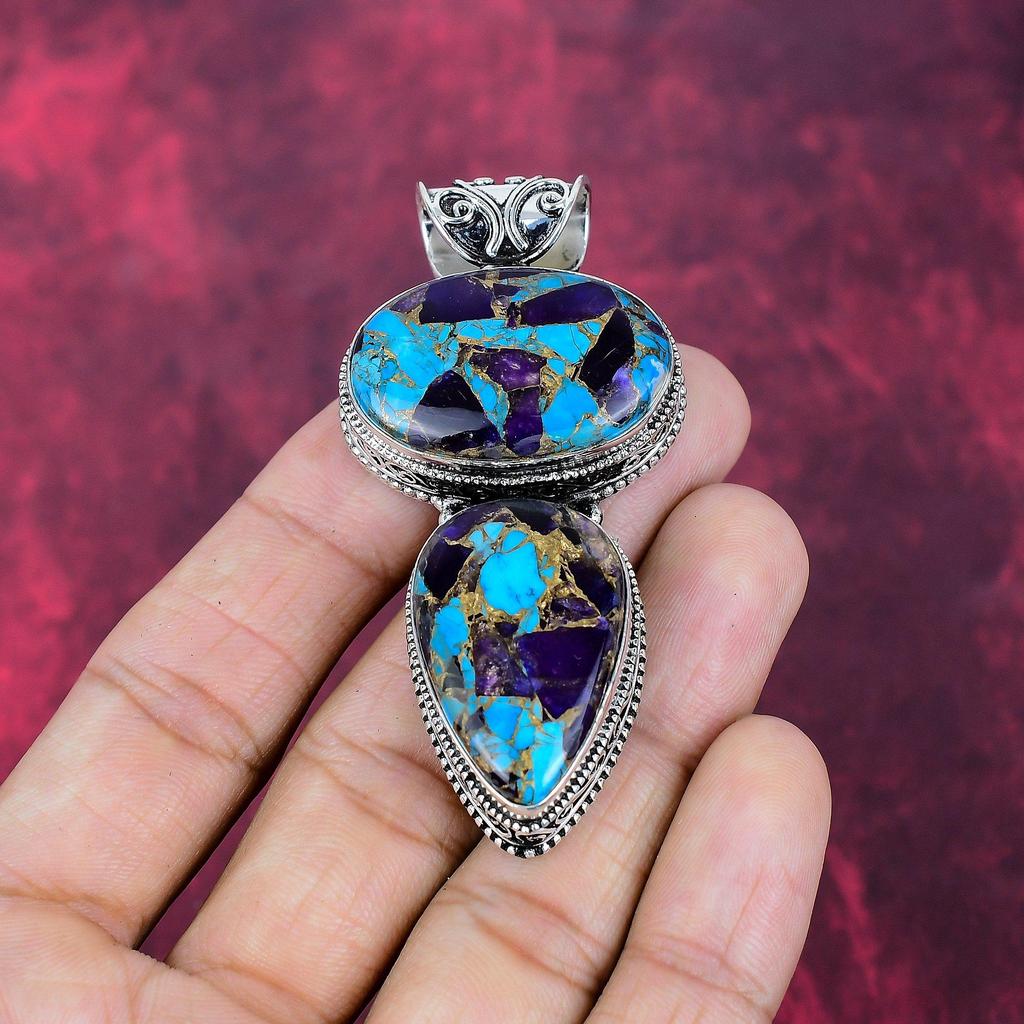 Copper Amethyst Turquoise Handmade Gemstone Pendant, 925 Solid Sterling Silver Pendant Antique Jewelry, For Memorial Day