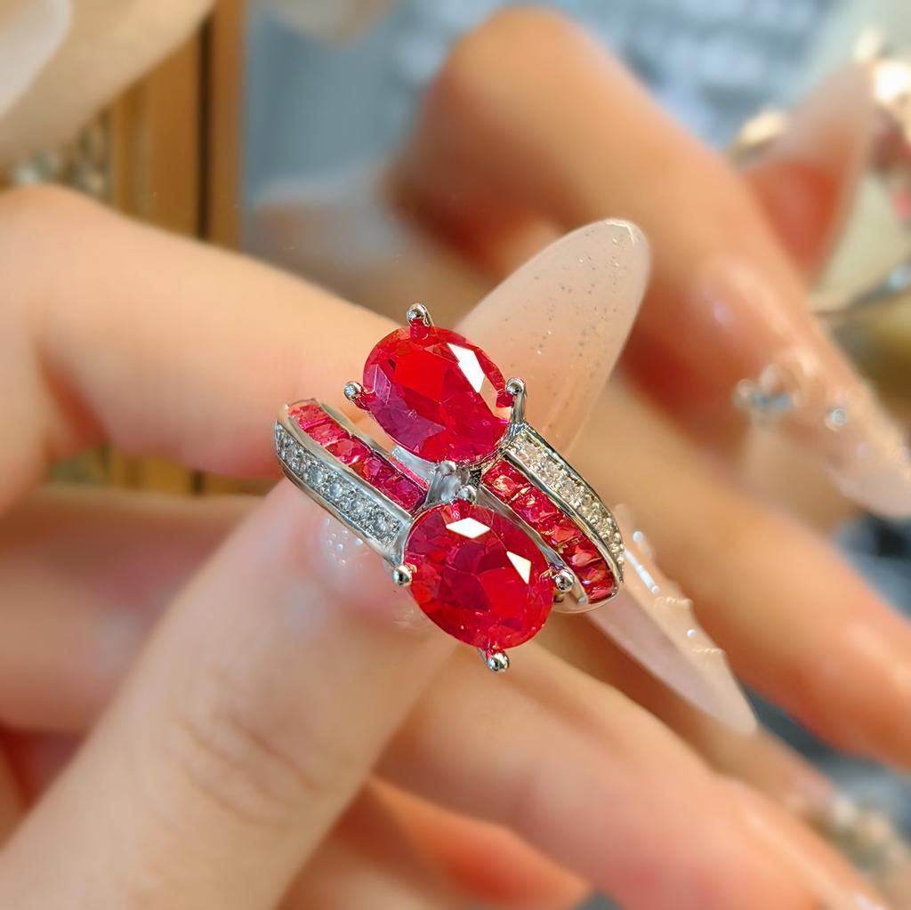 Vintage French Antique Twin Stone Red Corundum Ring Double Row Full Diamond High Carbon Imitation Blue Spinel Women'S Ring