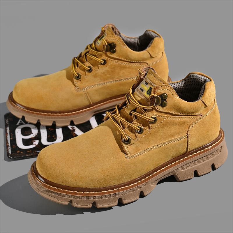 Men's Yellow Leather Toe Cap Pigskin Short Boots - Casual Velvet-Lined Warm Autumn/Winter Style