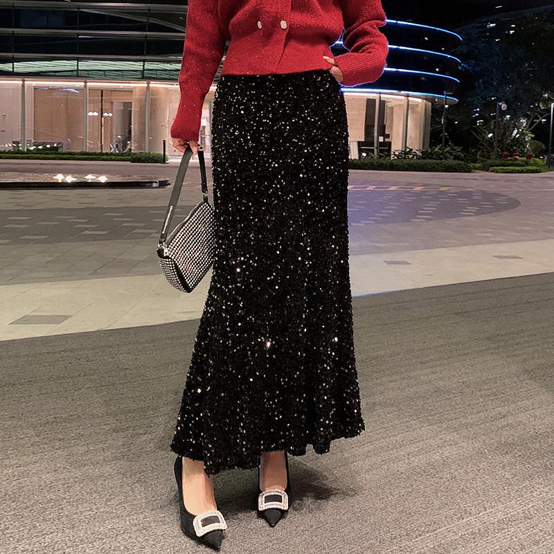 Island Song Fishtail Sequin Skirt Black A-line Midi Women's High-Waisted Autumn/Winter 2025
