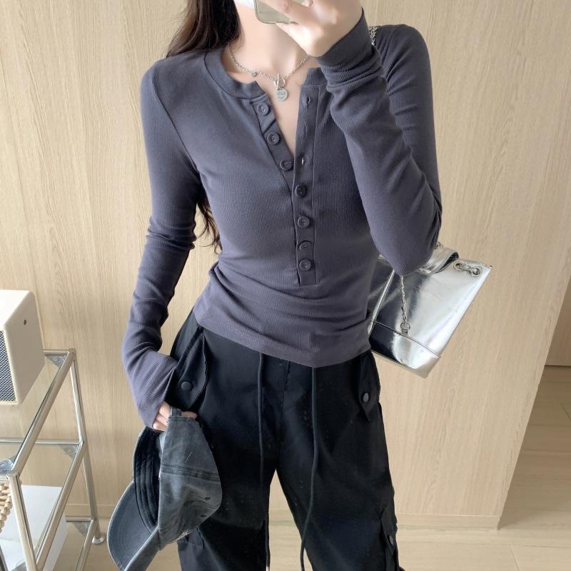 Design button-neck front shoulder bottoming shirt women's winter tight and thin threaded top Spice girl long-sleeved T-shirt