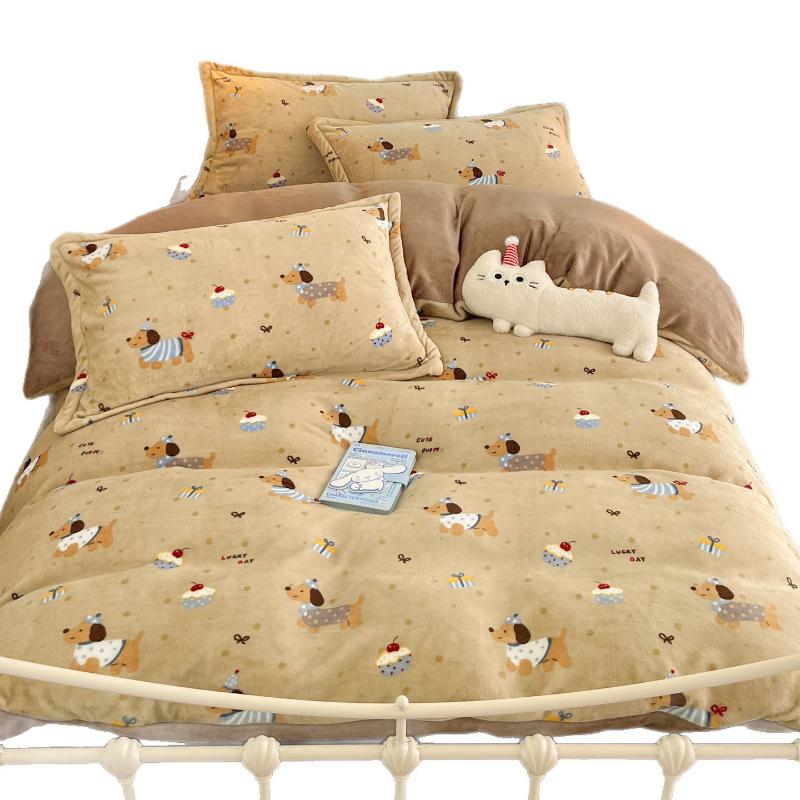 Winter Thickened Milk Fleece Bed Four-piece Set New Coral Fleece Flannel Single Quilt Cover Bed Sheet Three-piece Set Bedding