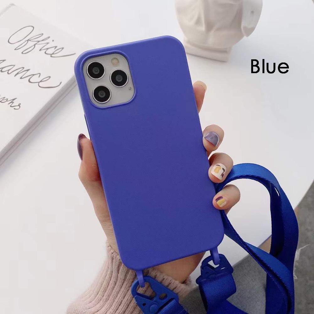 

Силиконовый чехол-шнурок для iPhone 11 12 13 14 15 Pro Max, мягкая задняя крышка карамельного цвета с шейным ремешком. For iPhone 12 синий