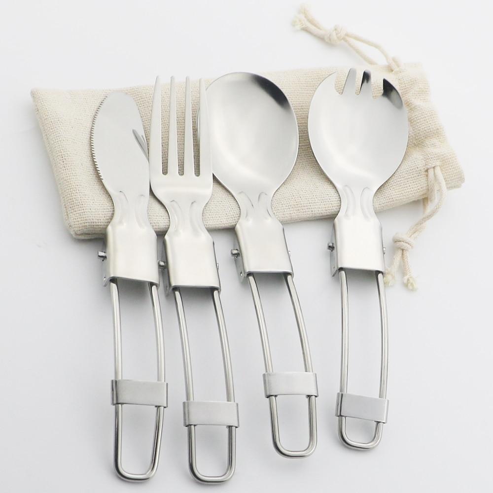 Silver Dinnerware Fold Flatware Set for Spoons Instant Noodle Fork Picnic Hiking Tableware Stainless Steel Cutlery Outdoor Silverware