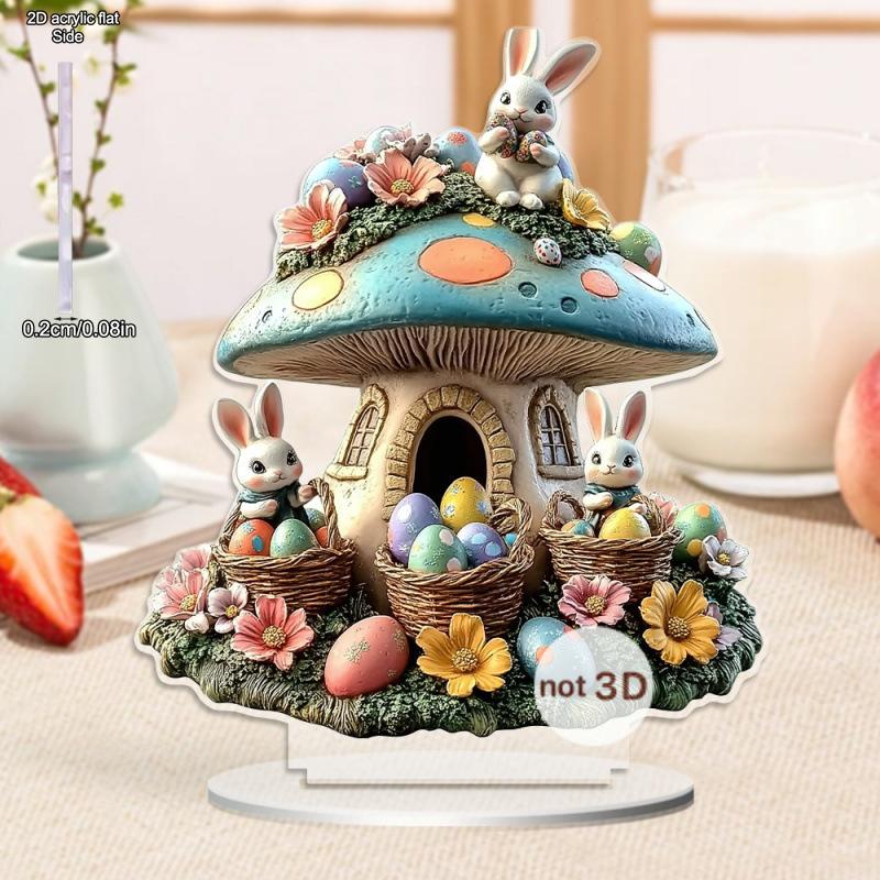 2D Flat, Easter Cute Rabbit Mushroom House Acrylic Desktop Decoration, with Base, Suitable for wall decoration, porch, room, villa, accents Home, Hall