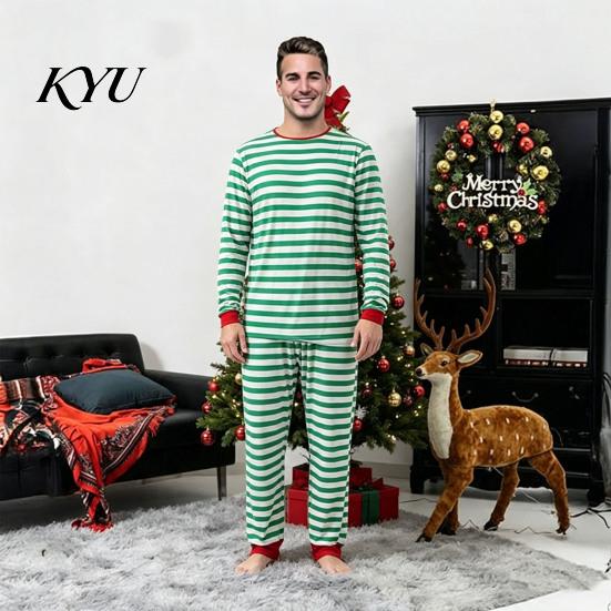 Мягкая одежда для сна на зиму, Комплект matching family pajamas, Зелено-белая полоска, Рождественский, 2 предмета, Милые пижамные комплекты для мужчин и женщин, Праздничные, С длинным рукавом, Для отдыха