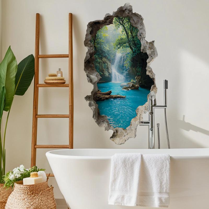 Creative Hole Valley Waterfall Scenic Wall Stickers Landscape Wall Stickers For Bedrooms Room Bathroom Home Decoration Stickers