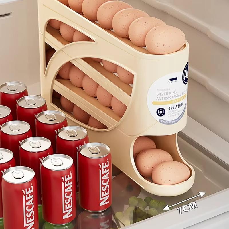 4-Tier Sliding Egg Dispenser, Automatic Rolling Shatterproof Holder For Fridge & Countertop, Easy-Clean, Washable,Space-Saving Refrigerator Side