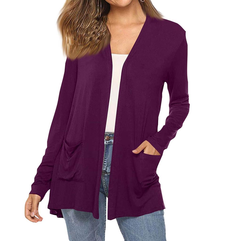 Women's Fashion Solid-Colour Long-Sleeved Pocketed Slim-Fit Cardigan Jacket