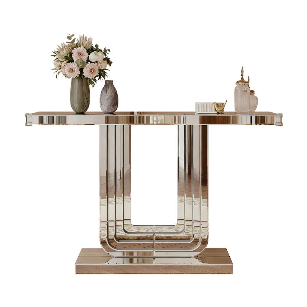 120CM Mirrored Console Table;with Silver Look & U-Shape Base, Scratch-Resistant & Easy To Clean, Luxury Living Room Table for Brightening the Room