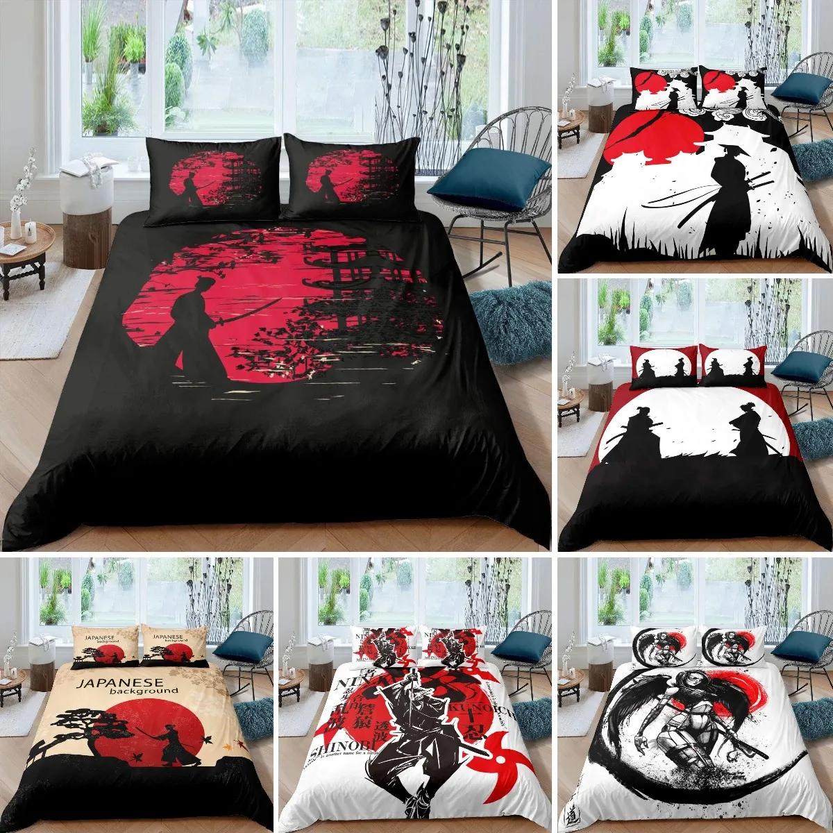 Textilien Unisex Black/Red Japanese Samurai Bedding Set, Japan Sunset Landscape Building Silhouette Duvet Cover For Men Teens,