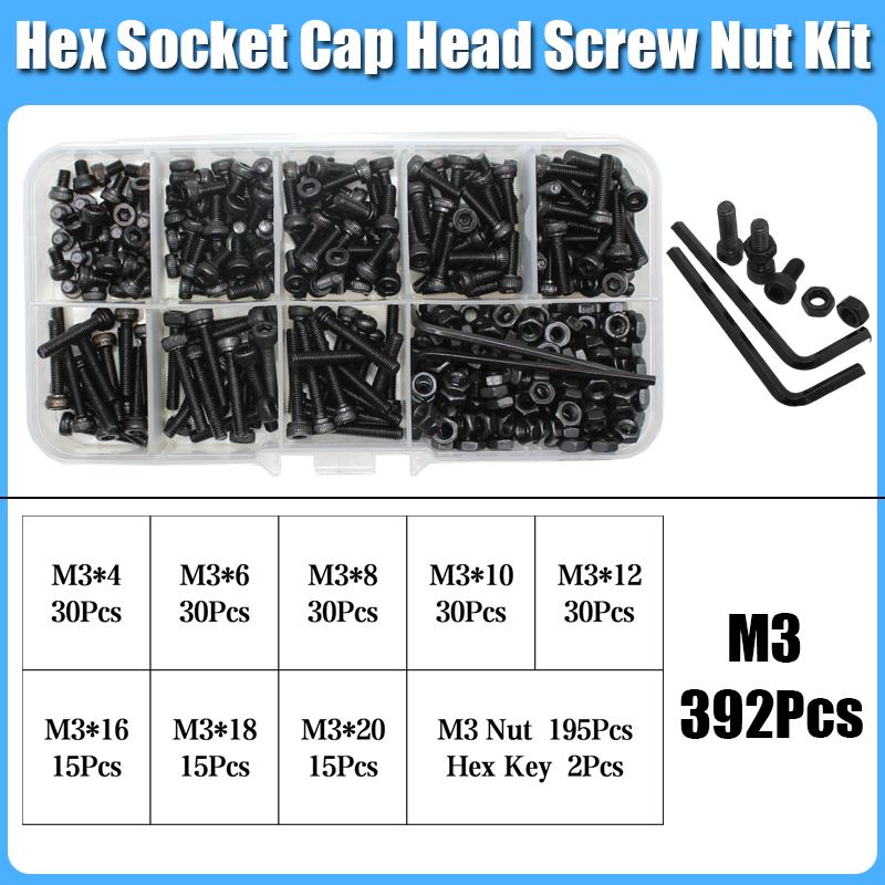 Hexagon Hex Socket Cap Head Screw and Nut M2 M3 M4 M5 M6 Black 12.9 Grade Carbon Steel Allen Machine Screws Bolt Nut Assortment