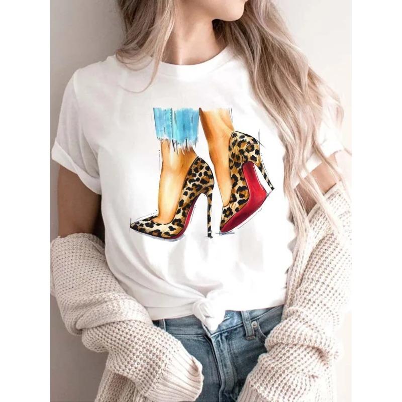 Modisches bedrucktes High-Heel-T-Shirt für Damen Modisches weißes Kurzarm-T-Shirt mit Schleifendesign Lässiges Home-Top für Mädchen