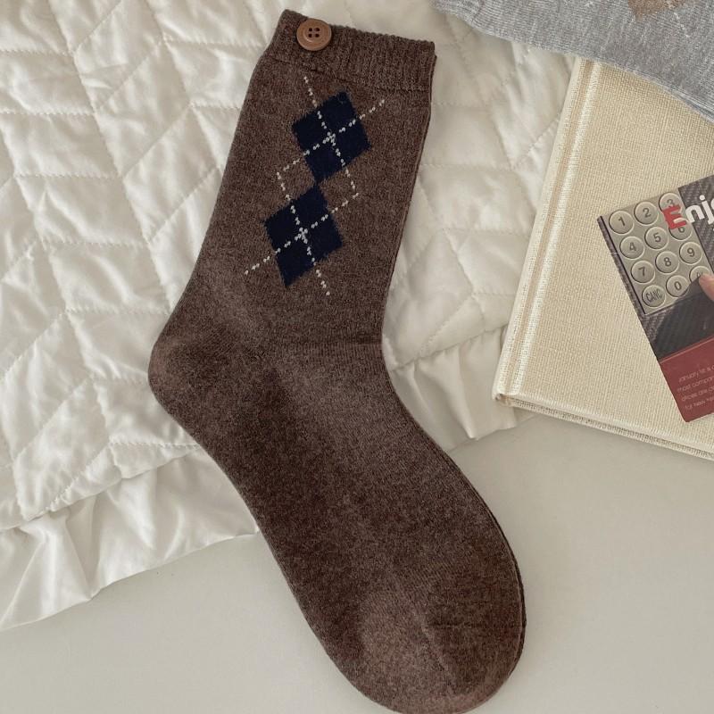 

Носки из шерсти ромбовидной вязки, носки до середины икры, осенне-зимние женские повседневные утолщенные теплые женские носки, махровые носки 1 pair кофейный