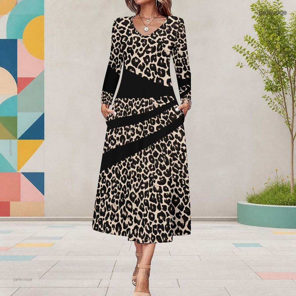 Women Plus Size V Neck Long Sleeve Leopard Print Pockets A Line Midi Dress