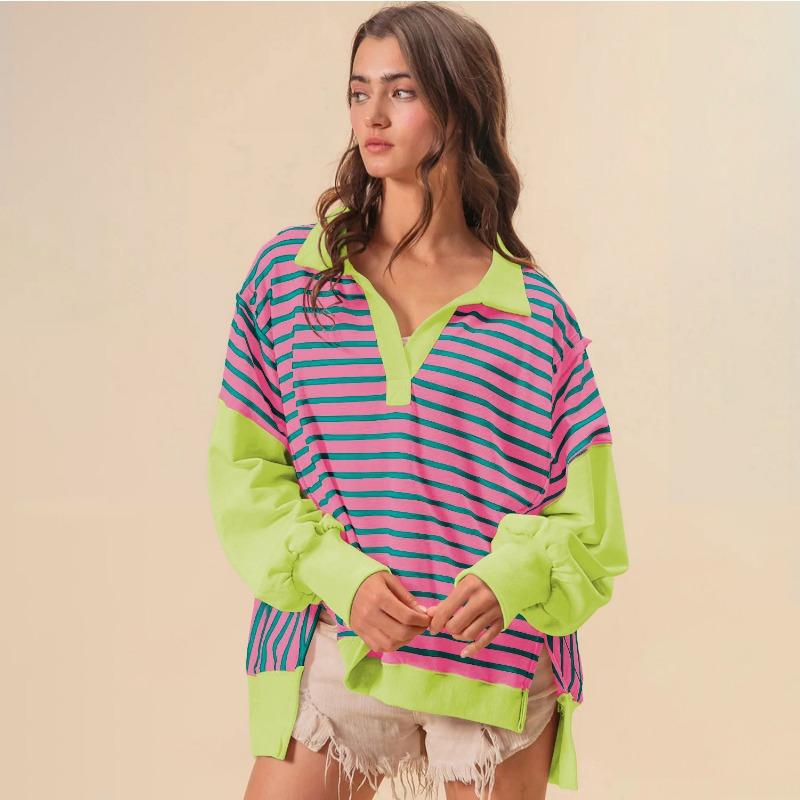 JPNTKY Dámská móda Ležérní Podzim Zima Pruhovaný potisk Dlouhý rukáv POLO Límec Trička a Topy s dlouhým rukávem