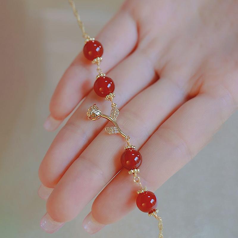 Golden Rose Natural Red Agate Round Beads Adjustable Bracelet Women Ornaments Gentle Style Fine Jewelry Gifts