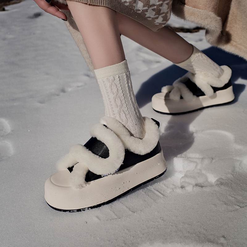 Cow Split Leather Keep Warm Winter White Sneakers Platform Women Artificial Wool Casual Shoes