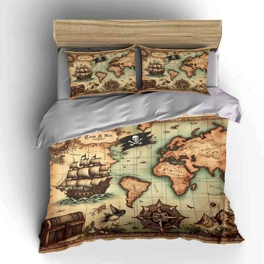 Vintage Treasure Map Design Bedding Duvet Cover Set Duvet Cover Pillowcases (1*Duvet Cover 2*Pillowcases, Without Duvet Insert)